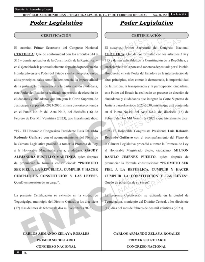 Publicado en el Diario Oficial La Gaceta el decreto que acredita a los magistrados de la Corte Suprema de Justicia para el período 2023 - 2030